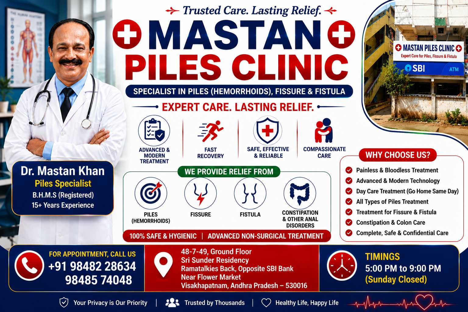 Bright consultation room at Dr. P. Mastan Khan Piles Clinic in Visakhapatnam
